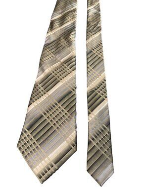 Van Heusen Mens Silk Tie Tan Gray Plaid Pattern Elegant Necktie